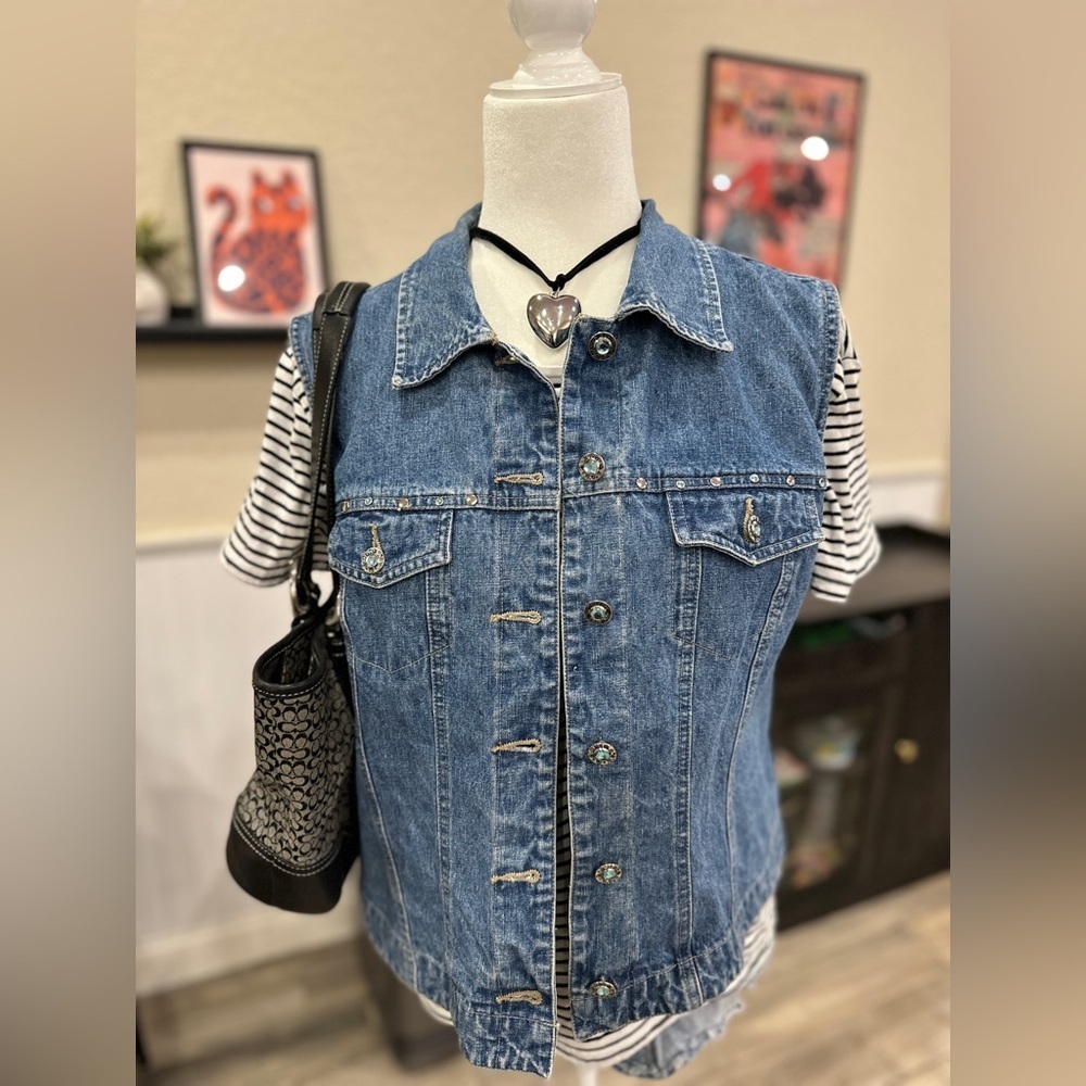 Faded Glory Denim Embellished Vest Jacket Women’s XL 90’s Vintage Retro